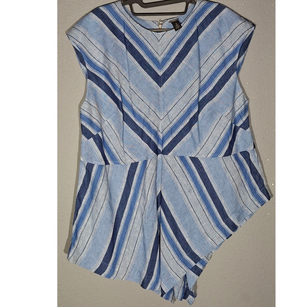 Black Label by Chicos Blue Striped Linen Asymmetrical Hem Sleeveless Top Size 3